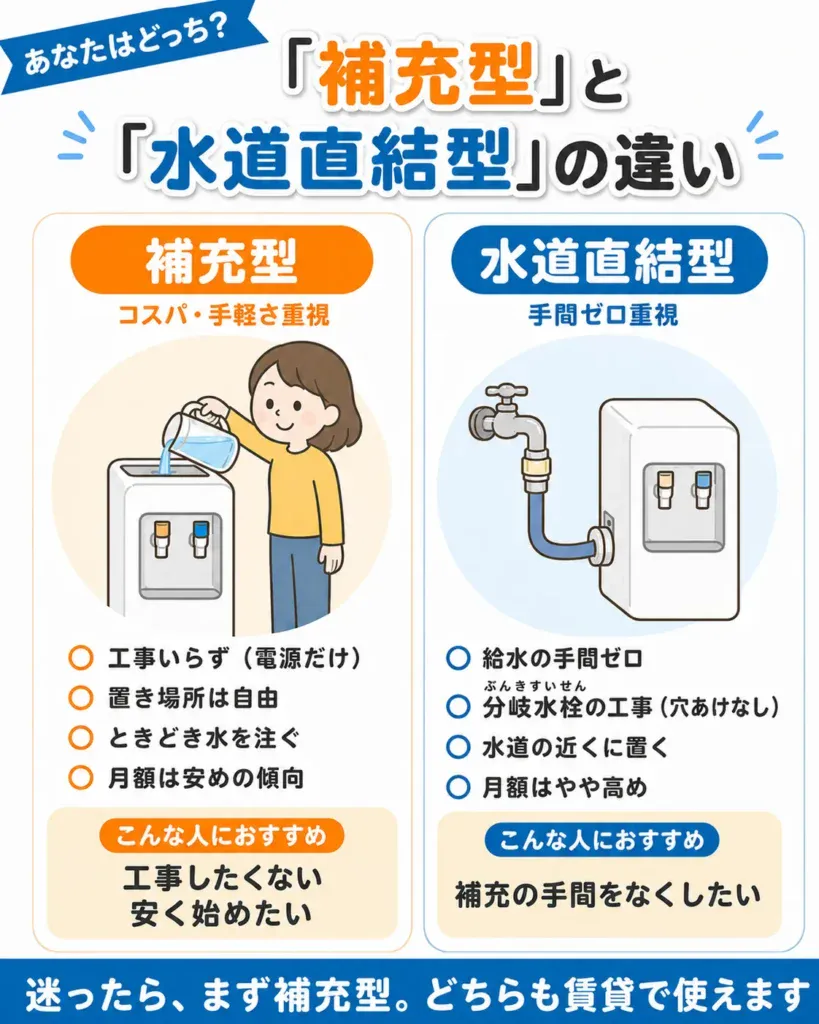 浄水型ウォーターサーバーの「補充型」と「水道直結型」の違いを比較した図解。工事の要否・置き場所・給水の手間・月額の傾向を対比している。