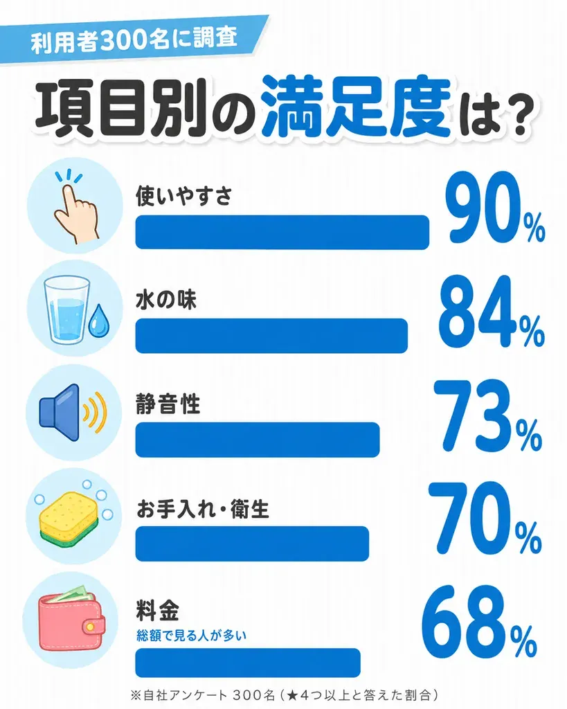 浄水型ウォーターサーバーの項目別満足度(使いやすさ・水の味・静音性・お手入れ・料金)を示したグラフ。